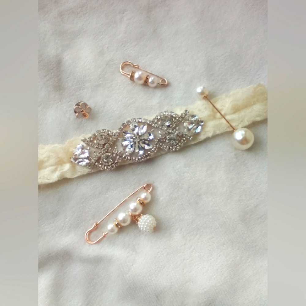 Vintage Ivory Crystal Pearl Lace Non-slip Wedding Garter Pin Barrett Bundle Set - Picture 11 of 13
